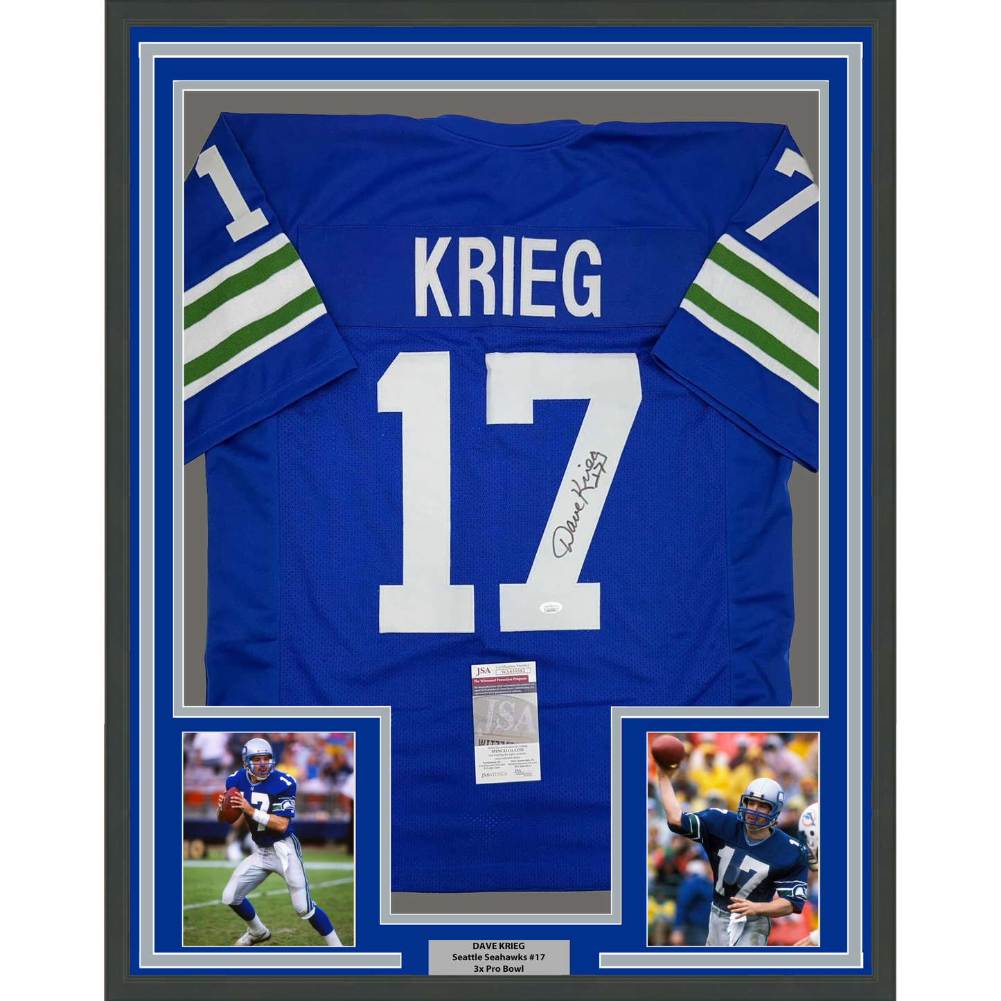 Framed Autographed/Signed David Krieg 35x39 Seattle Blue Football Jersey JSA COA