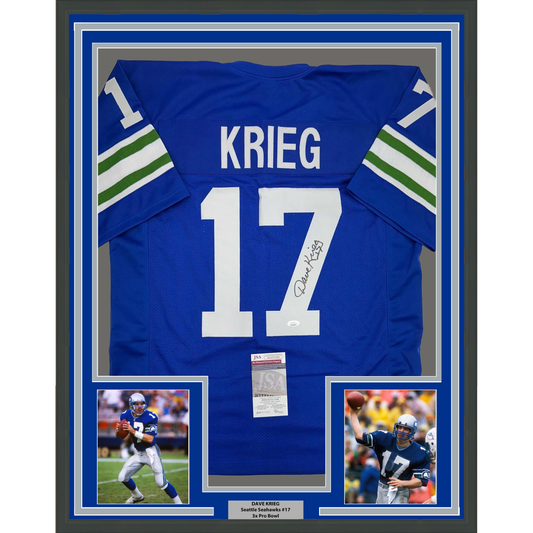 Framed Autographed/Signed David Krieg 35x39 Seattle Blue Football Jersey JSA COA