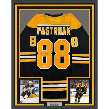 Framed Autographed/Signed David Pastrnak 35x39 Boston Black Hockey Jersey Beckett BAS COA #2