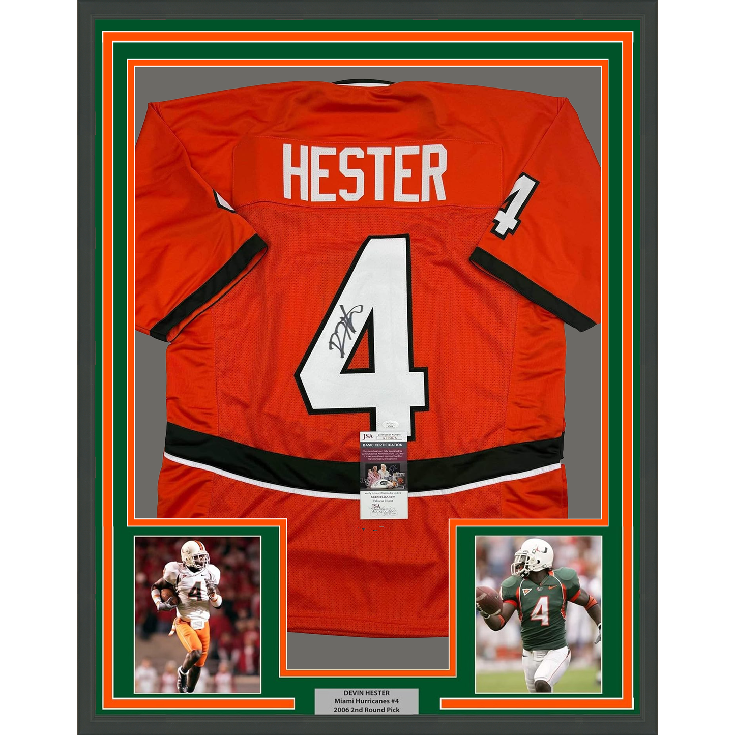 Framed Autographed/Signed Devin Hester 35x39 Miami Orange College Football Jersey JSA COA