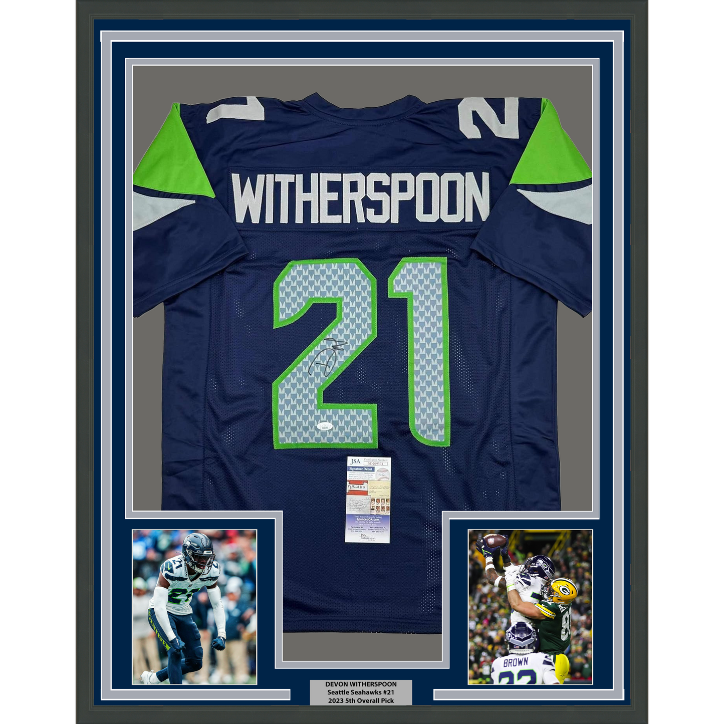 Framed Autographed/Signed Devon Witherspoon 35x39 Seattle Blue Football Jersey JSA COA
