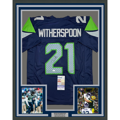 Framed Autographed/Signed Devon Witherspoon 35x39 Seattle Blue Football Jersey JSA COA