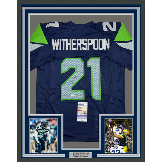 Framed Autographed/Signed Devon Witherspoon 35x39 Seattle Blue Football Jersey JSA COA