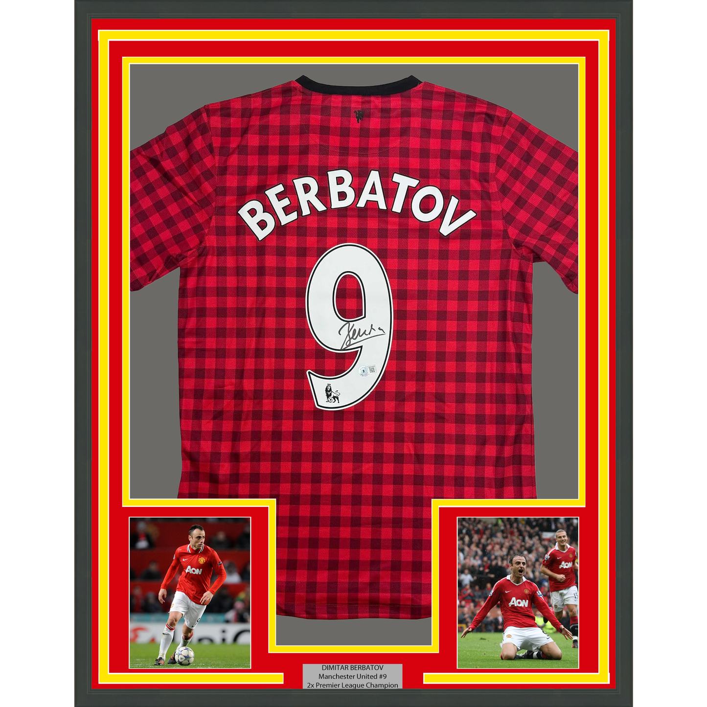 Framed Autographed/Signed Dimitar Berbatov 35x39 Manchester United Red Checkered Soccer Jersey Beckett BAS COA