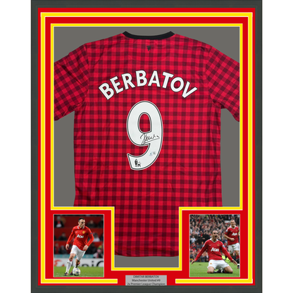 Framed Autographed/Signed Dimitar Berbatov 35x39 Manchester United Red Checkered Soccer Jersey Beckett BAS COA