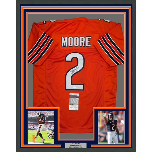 Framed Autographed/Signed D.J. DJ Moore 35x39 Chicago Orange Football Jersey Beckett JSA COA