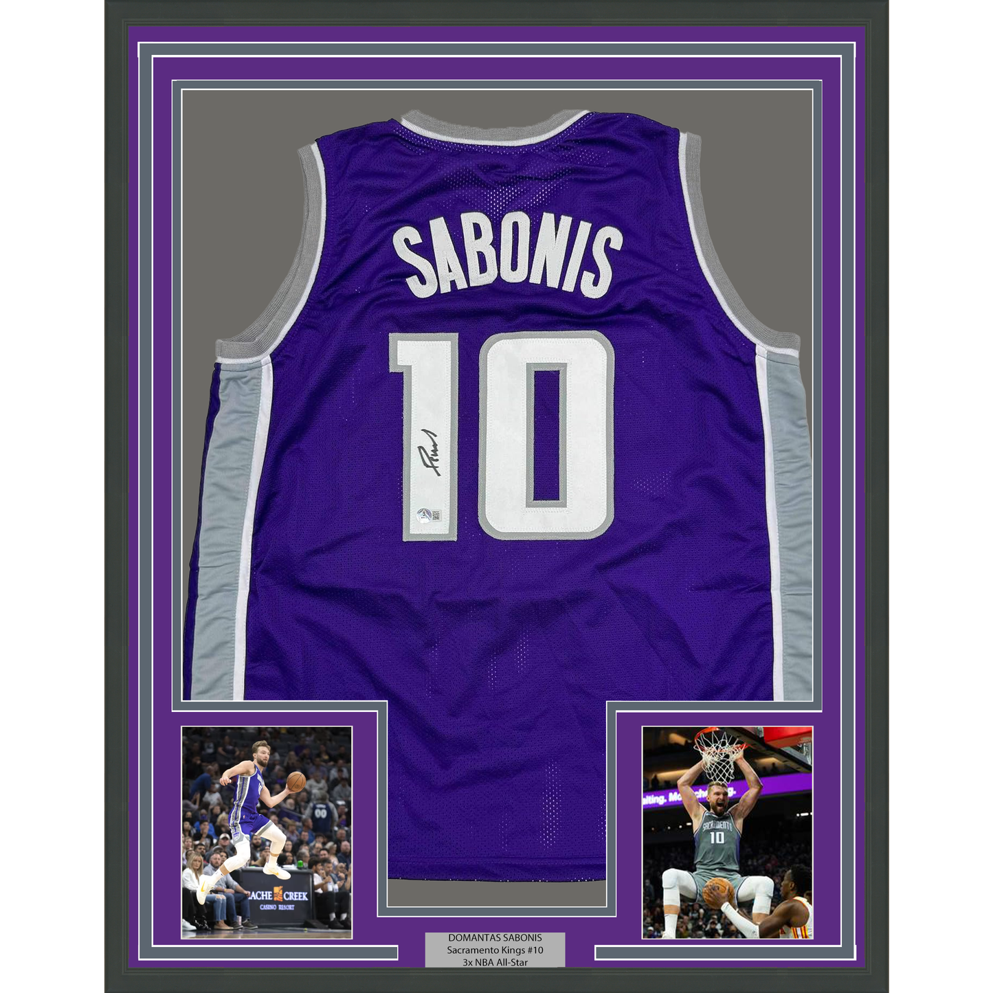 Framed Autographed/Signed Domantas Sabonis 35x39 Sacramento Purple Basketball Jersey Beckett BAS COA