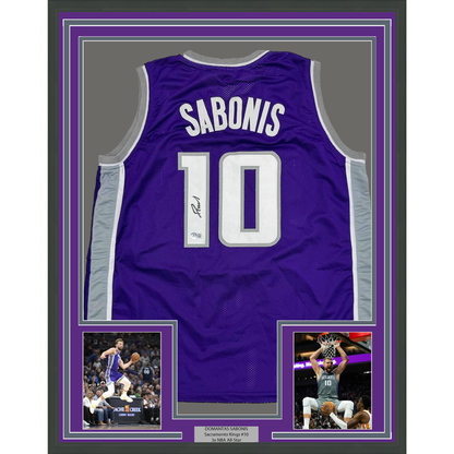 Framed Autographed/Signed Domantas Sabonis 35x39 Sacramento Purple Basketball Jersey Beckett BAS COA