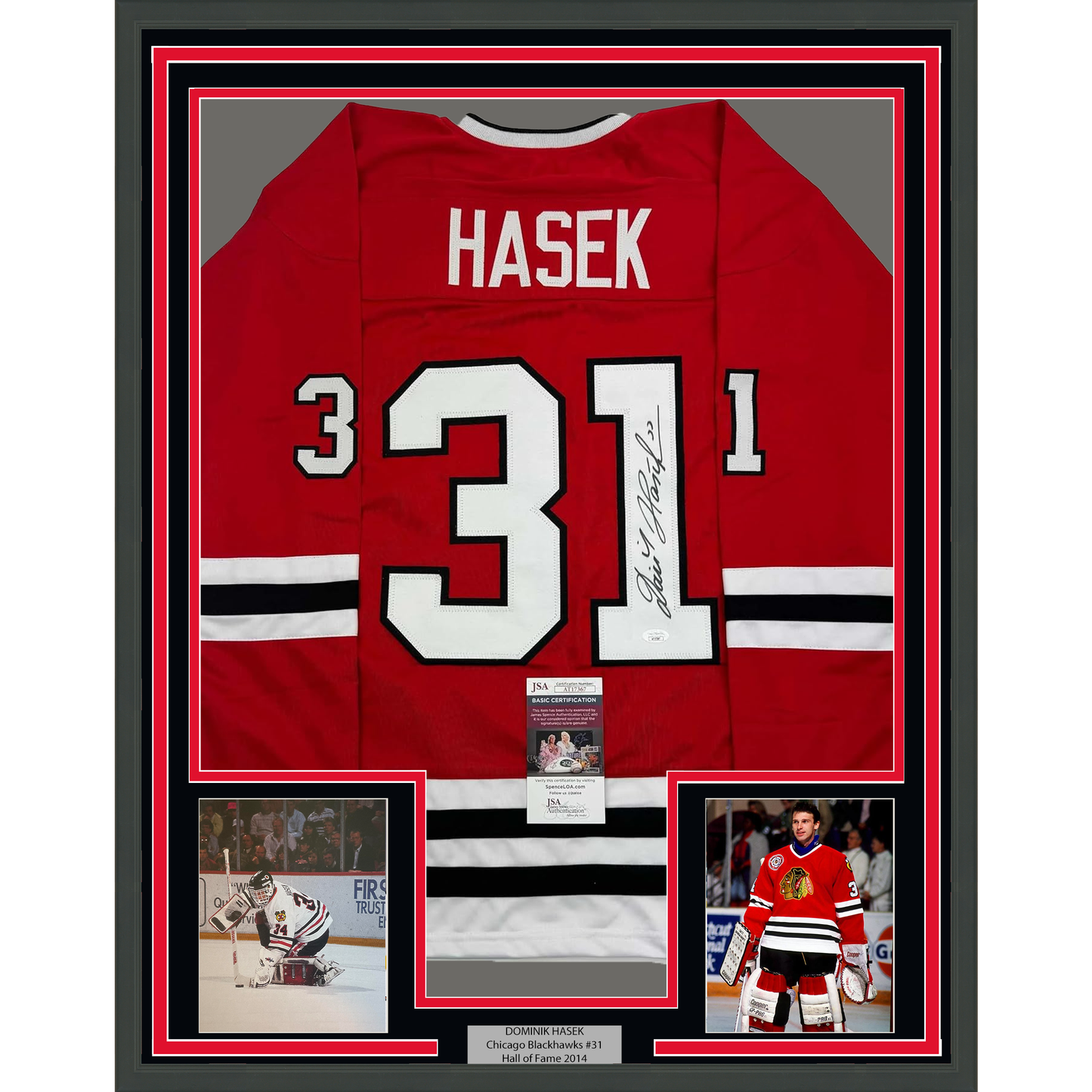 Framed Autographed/Signed Dominik Hasek 35x39 Chicago Red Hockey Jersey JSA COA