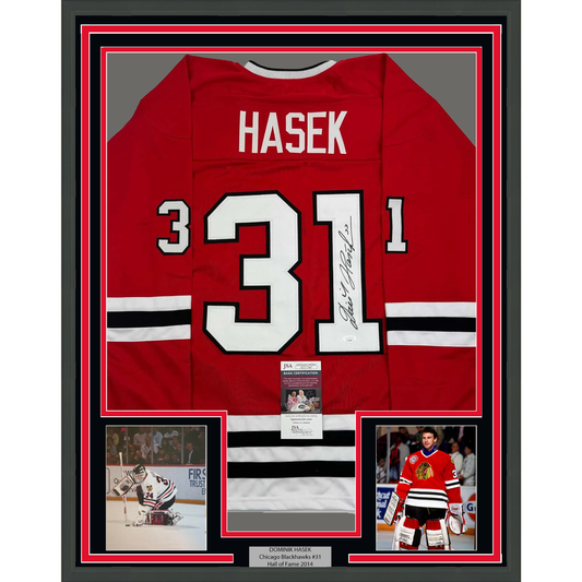 Framed Autographed/Signed Dominik Hasek 35x39 Chicago Red Hockey Jersey JSA COA