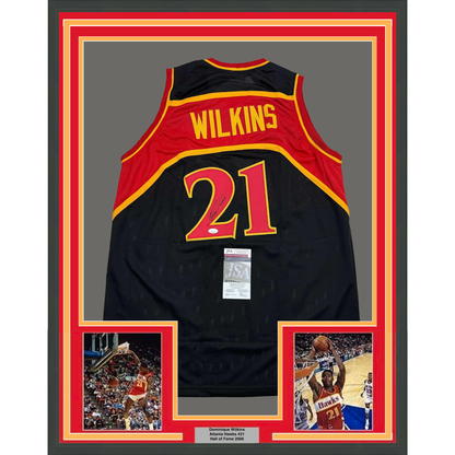 Framed Autographed/Signed Dominique Wilkins 35x39 Atlanta Black Basketball Jersey JSA COA