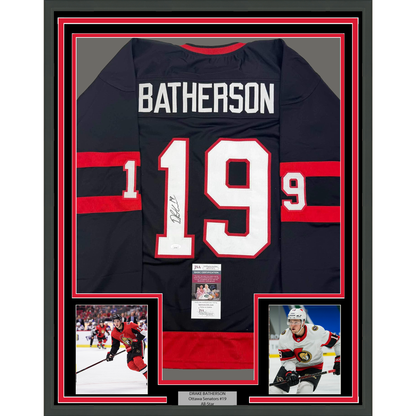Framed Autographed/Signed Drake Batherson 35x39 Ottawa Black Hockey Jersey JSA COA