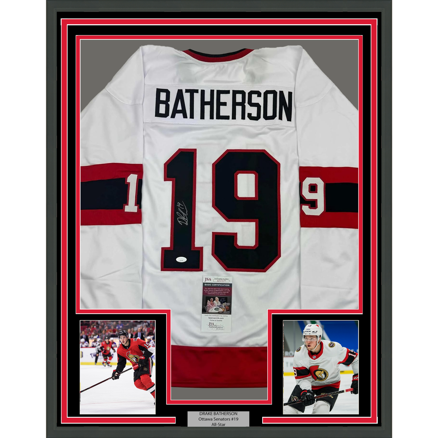 Framed Autographed/Signed Drake Batherson 35x39 Ottawa White Hockey Jersey JSA COA
