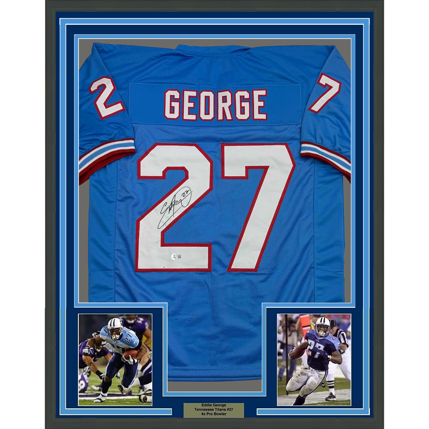 Framed Autographed/Signed Eddie George 35x39 Tennessee Retro Blue Football Jersey Beckett BAS COA