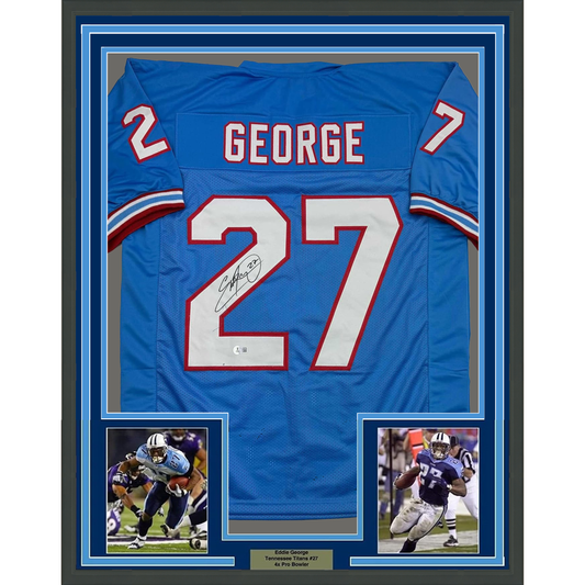Framed Autographed/Signed Eddie George 35x39 Tennessee Retro Blue Football Jersey Beckett BAS COA