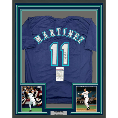 Framed Autographed/Signed Edgar Martinez 35x39 Seattle Blue Baseball Jersey JSA COA