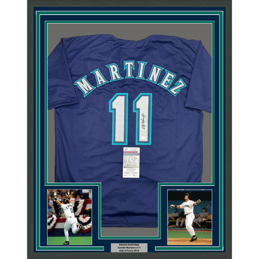 Framed Autographed/Signed Edgar Martinez 35x39 Seattle Blue Baseball Jersey JSA COA