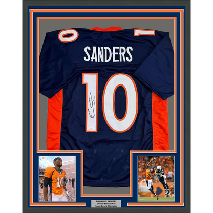 Framed Autographed/Signed Emmanuel Sanders 35x39 Denver Blue Football Jersey JSA COA
