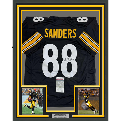 Framed Autographed/Signed Emmanuel Sanders 35x39 Pittsburgh Black Football Jersey JSA COA