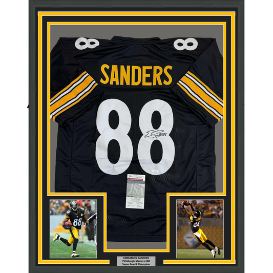 Framed Autographed/Signed Emmanuel Sanders 35x39 Pittsburgh Black Football Jersey JSA COA