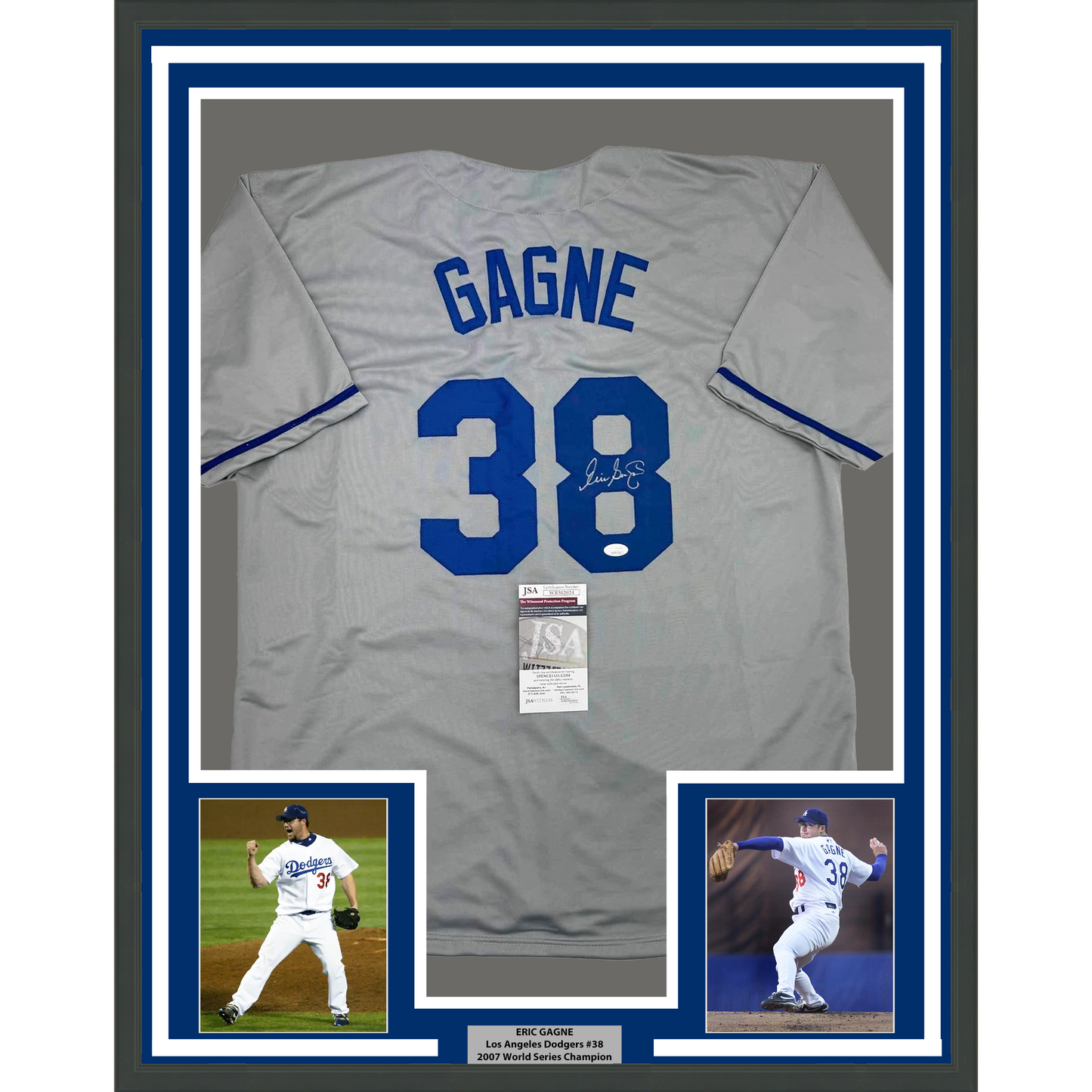 Framed Autographed/Signed Eric Gagne 35x39 Los Angeles LA Grey Baseball Jersey JSA COA