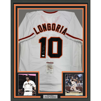 Framed Autographed/Signed Evan Longoria 35x39 San Francisco White Baseball Jersey JSA COA