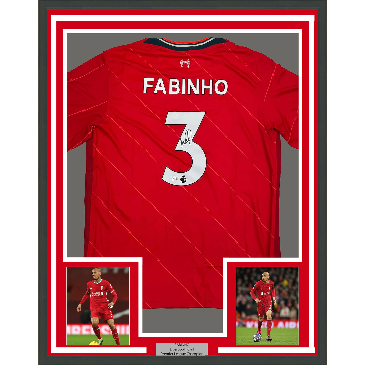Framed Autographed/Signed Fabinho Liverpool 35x39 Red Soccer Jersey Beckett BAS COA