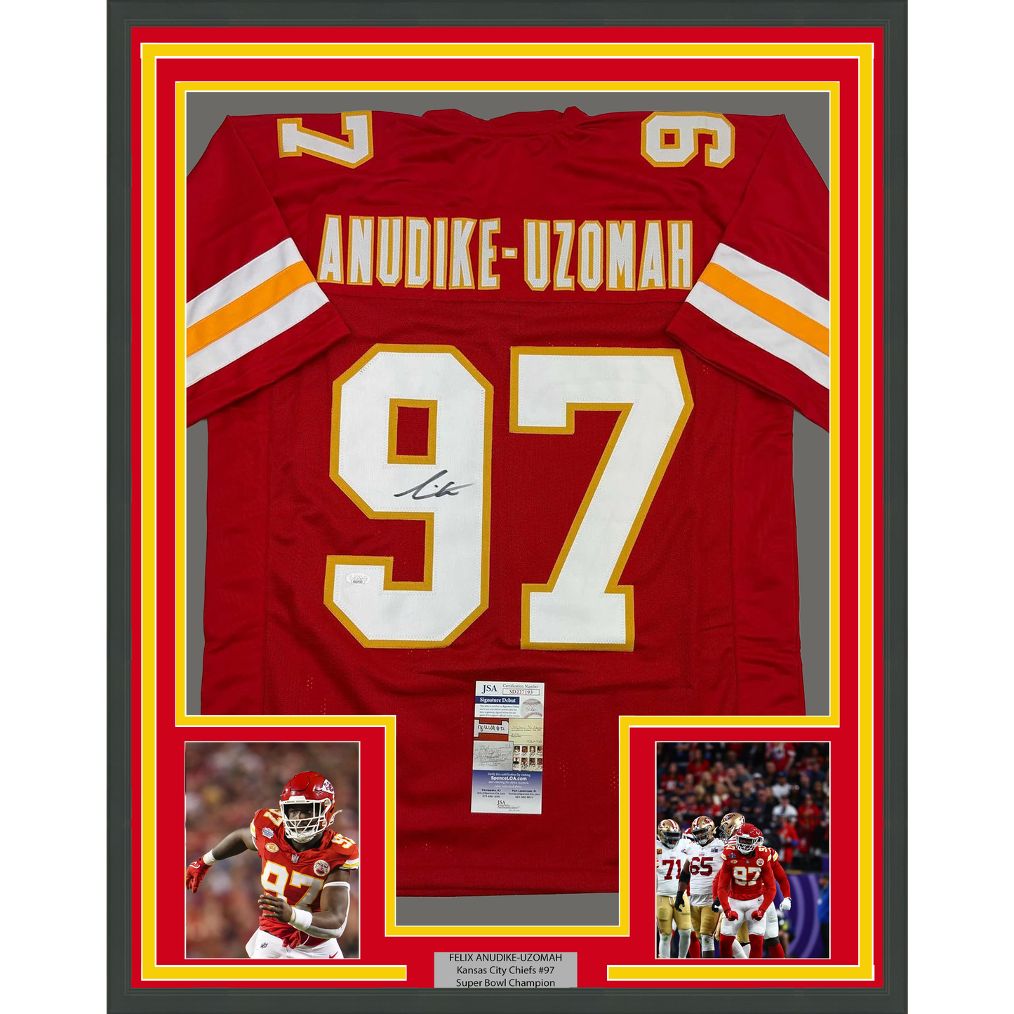 Framed Autographed/Signed Felix Anudike-Uzomah 35x39 Kansas City Red Football Jersey JSA COA