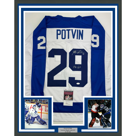 Framed Autographed/Signed Felix Potvin The Cat 35x39 Toronto White Hockey Jersey JSA COA