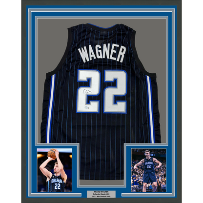 Framed Autographed/Signed Franz Wagner 35x39 Orlando Black Basketball Jersey Beckett BAS COA
