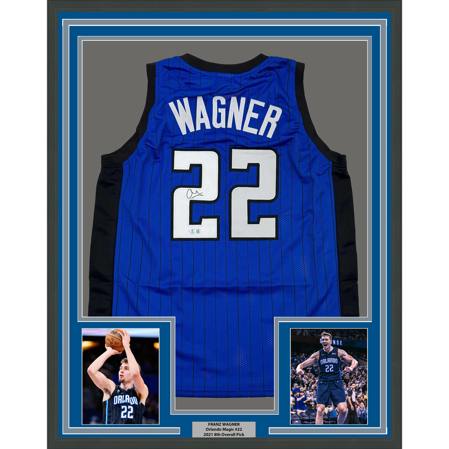 Framed Autographed/Signed Franz Wagner 35x39 Orlando Blue Basketball Jersey Beckett BAS COA