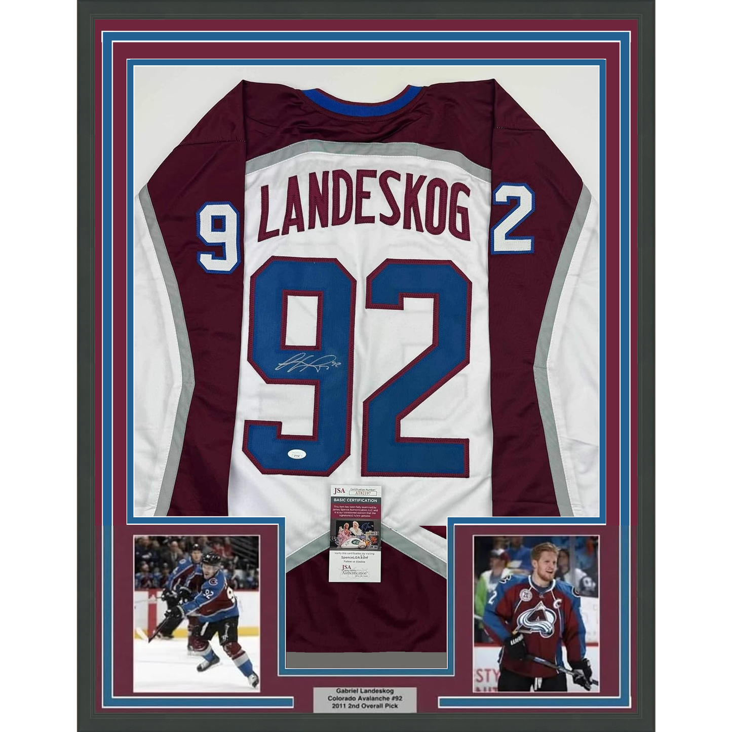 Framed Autographed/Signed Gabriel Landeskog 35x39 White Colorado Hockey Jersey JSA COA