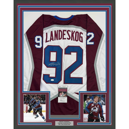Framed Autographed/Signed Gabriel Landeskog 35x39 White Colorado Hockey Jersey JSA COA