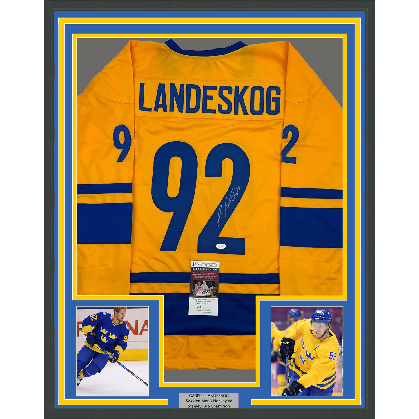 Framed Autographed/Signed Gabriel Landeskog 35x39 Yellow Team Sweden Hockey Jersey JSA COA