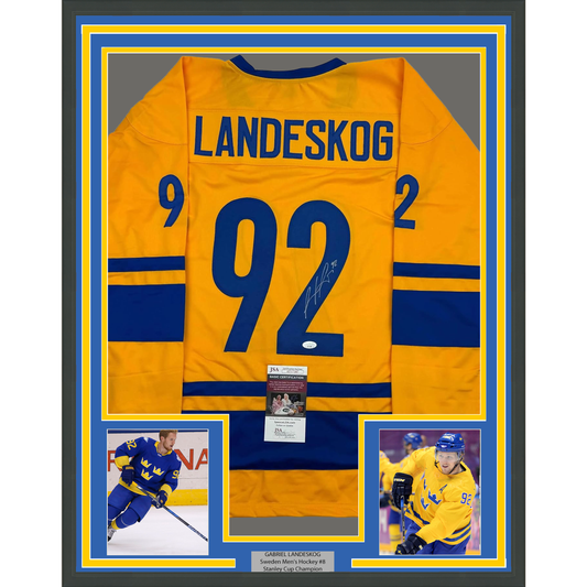 Framed Autographed/Signed Gabriel Landeskog 35x39 Yellow Team Sweden Hockey Jersey JSA COA