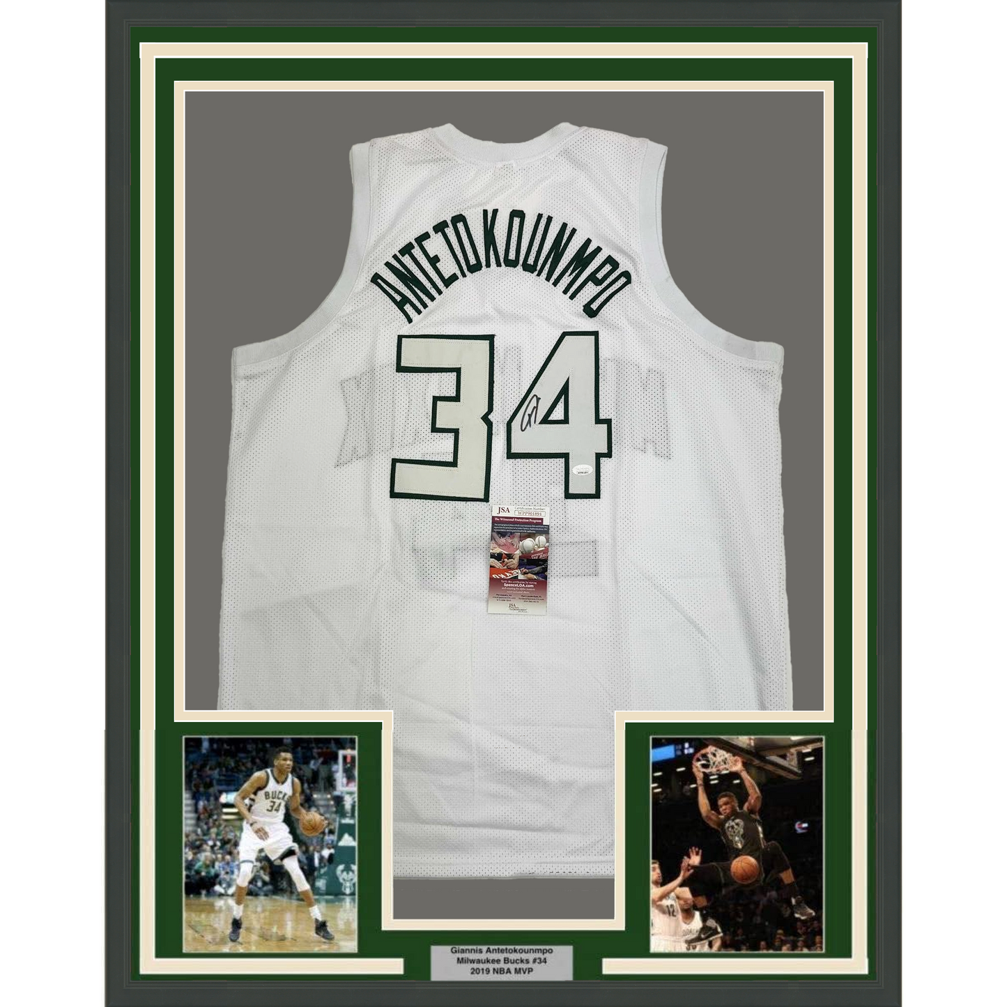 Framed Autographed/Signed Giannis Antetokounmpo 35x39 Milwaukee White Basketball Jersey JSA COA #2