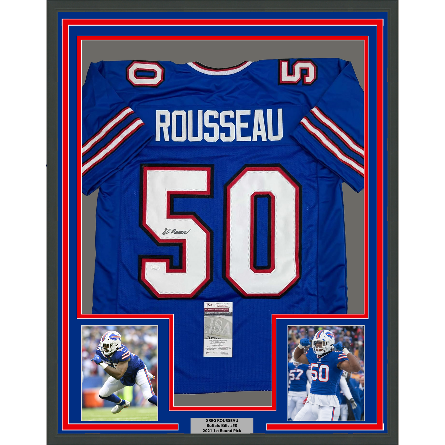 Framed Autographed/Signed Greg Rousseau 35x39 Buffalo Blue Football Jersey JSA COA