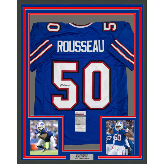 Framed Autographed/Signed Greg Rousseau 35x39 Buffalo Blue Football Jersey JSA COA