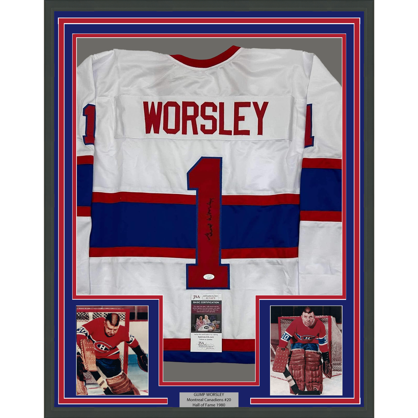 Framed Autographed/Signed Gump Worsley 35x39 Montreal White Hockey Jersey JSA COA