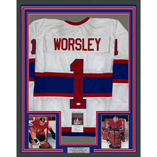 Framed Autographed/Signed Gump Worsley 35x39 Montreal White Hockey Jersey JSA COA