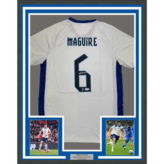 Framed Autographed/Signed Harry Maguire 35x39 England White Soccer Jersey Beckett BAS COA