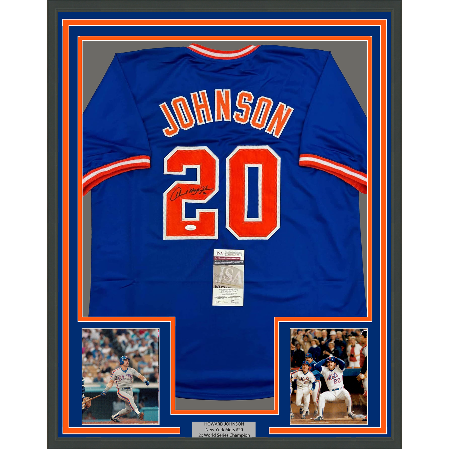 Framed Autographed/Signed Howard Johnson HOJO 35x39 New York Blue Baseball Jersey JSA COA