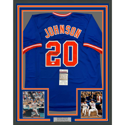 Framed Autographed/Signed Howard Johnson HOJO 35x39 New York Blue Baseball Jersey JSA COA