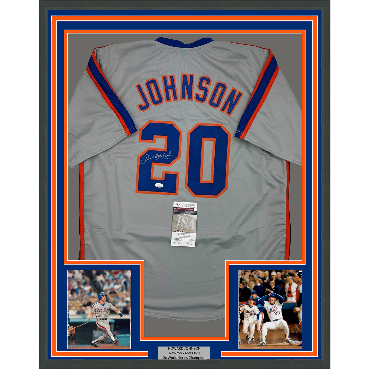 Framed Autographed/Signed Howard Johnson HOJO 35x39 New York Grey Baseball Jersey JSA COA
