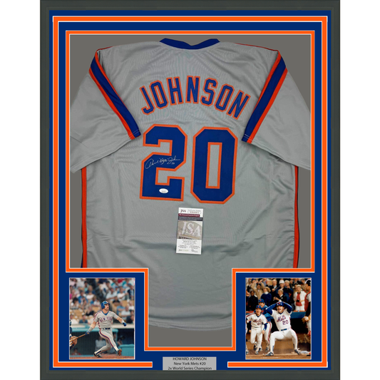 Framed Autographed/Signed Howard Johnson HOJO 35x39 New York Grey Baseball Jersey JSA COA