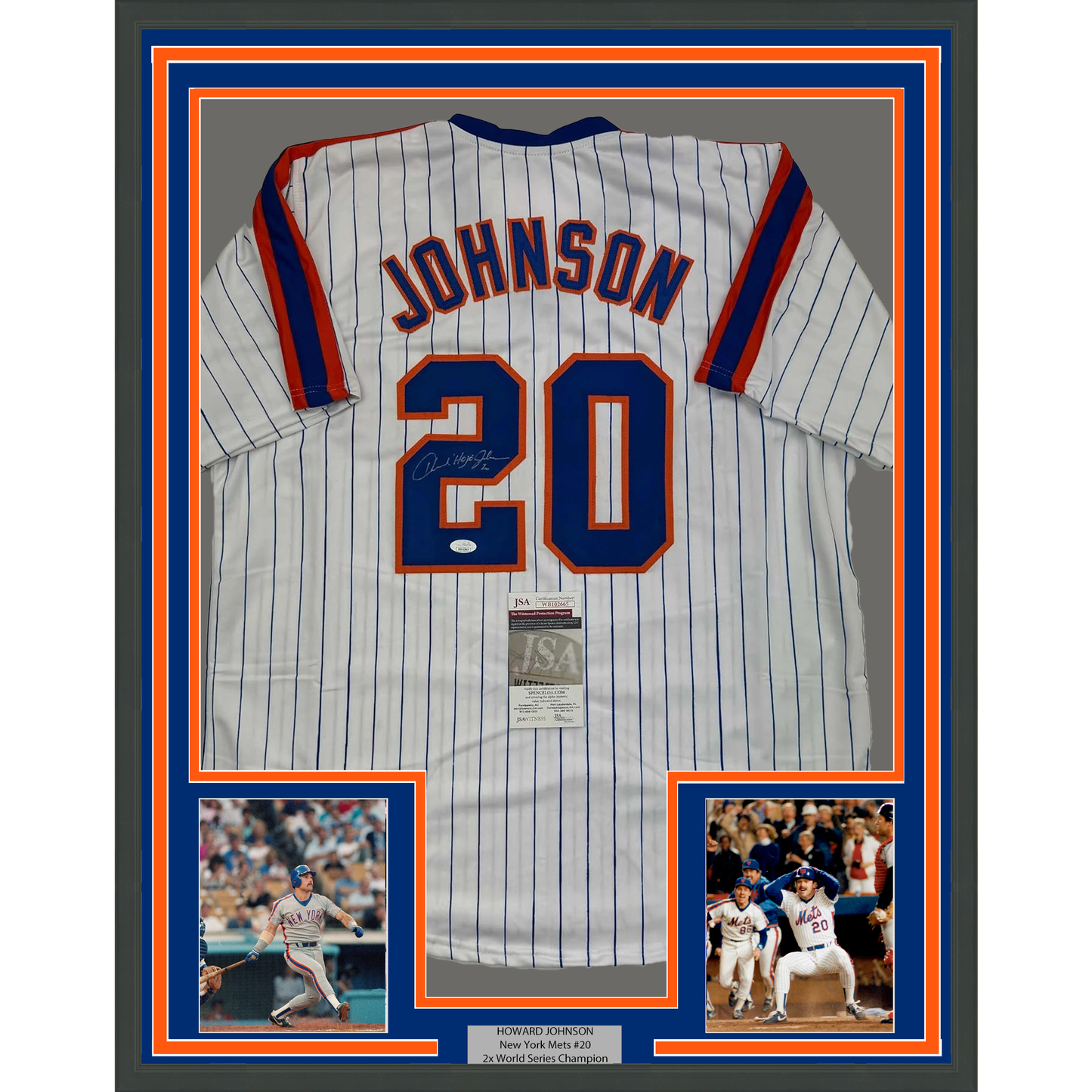 Framed Autographed/Signed Howard Johnson HOJO 35x39 New York Pinstripe Baseball Jersey JSA COA