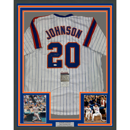 Framed Autographed/Signed Howard Johnson HOJO 35x39 New York Pinstripe Baseball Jersey JSA COA