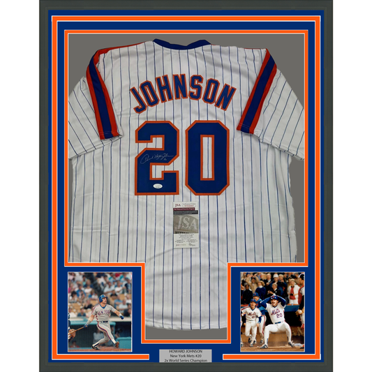 Framed Autographed/Signed Howard Johnson HOJO 35x39 New York Pinstripe Baseball Jersey JSA COA