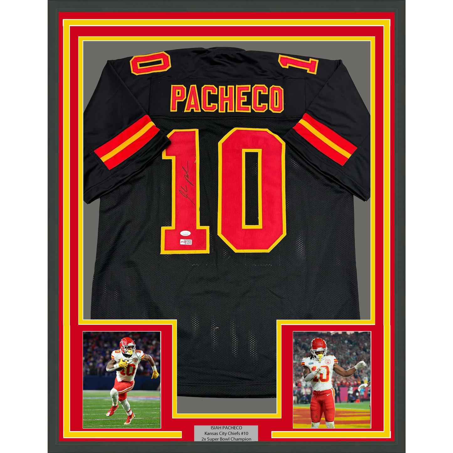 Framed Autographed/Signed Isiah Pacheco 35x39 Kansas City Black Football Jersey JSA COA