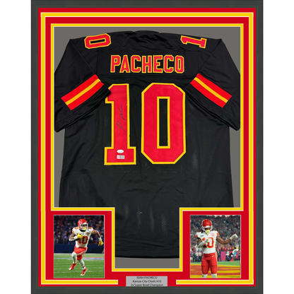 Framed Autographed/Signed Isiah Pacheco 35x39 Kansas City Black Football Jersey JSA COA